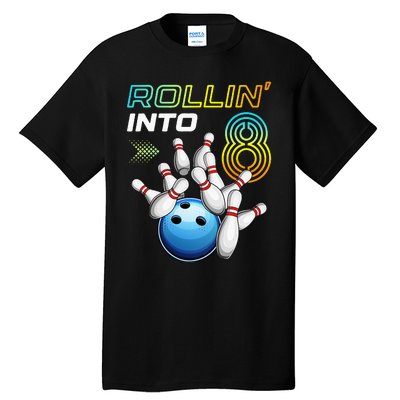 Rollin Into 8 Retro Bowling Birthday Party 8th Birthday Tall T-Shirt