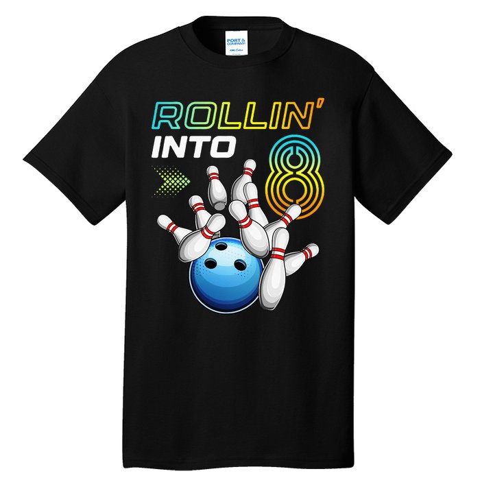 Rollin Into 8 Retro Bowling Birthday Party 8th Birthday Tall T-Shirt