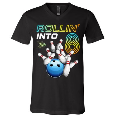 Rollin Into 8 Retro Bowling Birthday Party 8th Birthday V-Neck T-Shirt