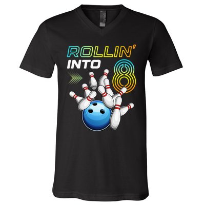 Rollin Into 8 Retro Bowling Birthday Party 8th Birthday V-Neck T-Shirt