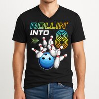 Rollin Into 8 Retro Bowling Birthday Party 8th Birthday V-Neck T-Shirt