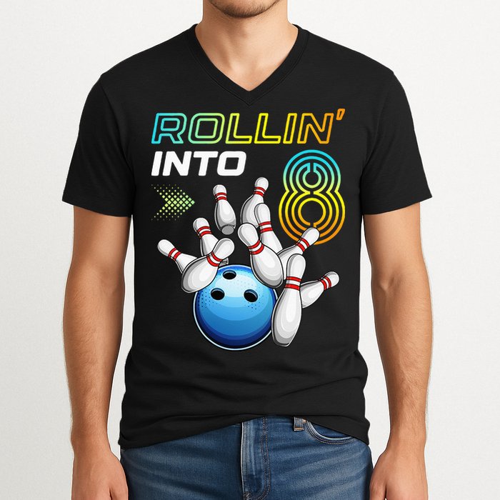Rollin Into 8 Retro Bowling Birthday Party 8th Birthday V-Neck T-Shirt