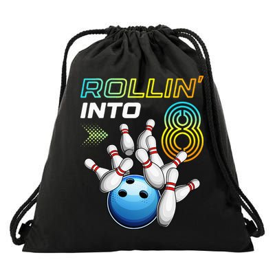 Rollin Into 8 Retro Bowling Birthday Party 8th Birthday Drawstring Bag