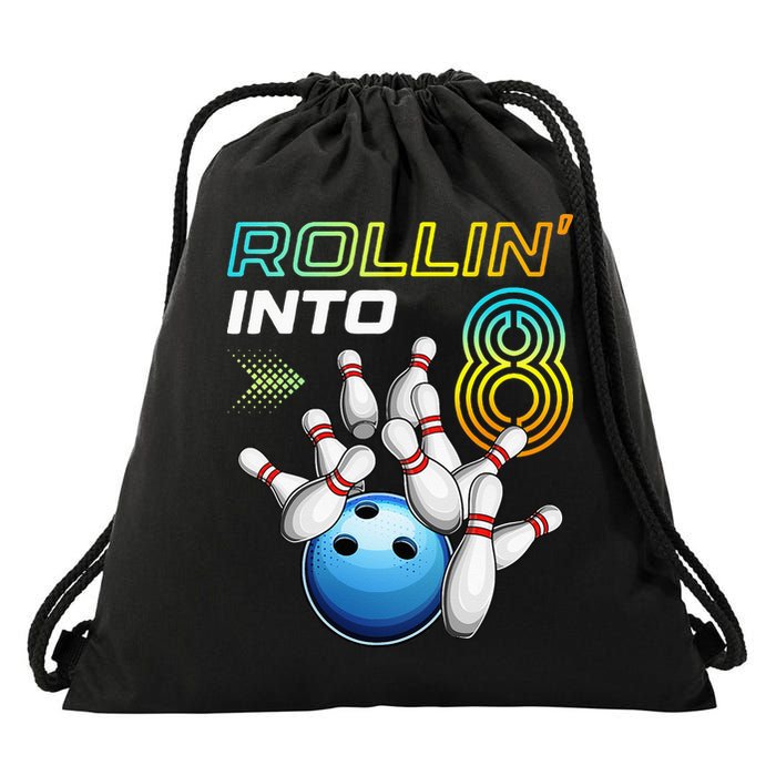 Rollin Into 8 Retro Bowling Birthday Party 8th Birthday Drawstring Bag