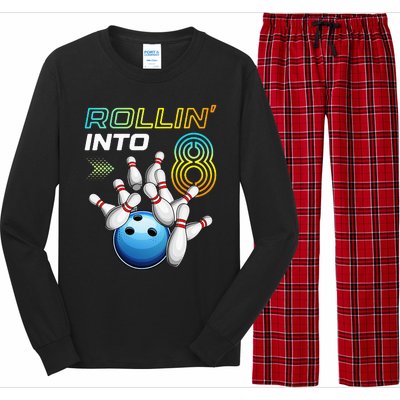 Rollin Into 8 Retro Bowling Birthday Party 8th Birthday Long Sleeve Pajama Set