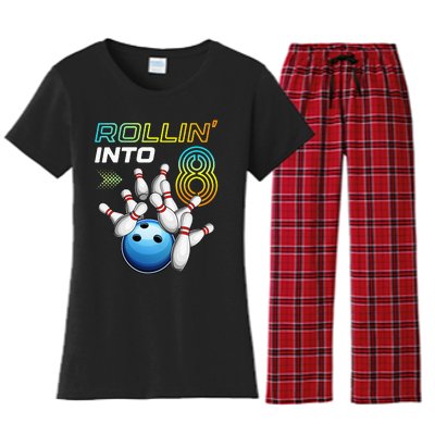 Rollin Into 8 Retro Bowling Birthday Party 8th Birthday Women's Flannel Pajama Set