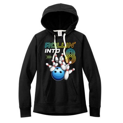 Rollin Into 8 Retro Bowling Birthday Party 8th Birthday Women's Fleece Hoodie