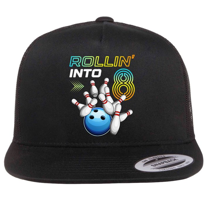 Rollin Into 8 Retro Bowling Birthday Party 8th Birthday Flatbill Hat
