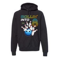 Rollin Into 8 Retro Bowling Birthday Party 8th Birthday Premium Hoodie