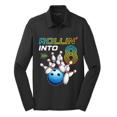 Rollin Into 8 Retro Bowling Birthday Party 8th Birthday Silk Touch Performance Long Sleeve Polo