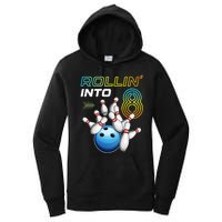 Rollin Into 8 Retro Bowling Birthday Party 8th Birthday Women's Pullover Hoodie