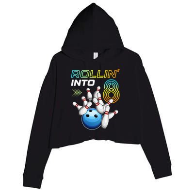 Rollin Into 8 Retro Bowling Birthday Party 8th Birthday Crop Fleece Hoodie