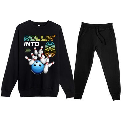 Rollin Into 8 Retro Bowling Birthday Party 8th Birthday Premium Crewneck Sweatsuit Set