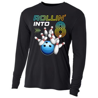 Rollin Into 8 Retro Bowling Birthday Party 8th Birthday Cooling Performance Long Sleeve Crew