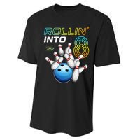 Rollin Into 8 Retro Bowling Birthday Party 8th Birthday Performance Sprint T-Shirt