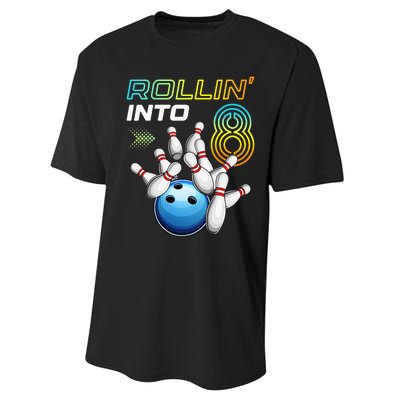 Rollin Into 8 Retro Bowling Birthday Party 8th Birthday Performance Sprint T-Shirt