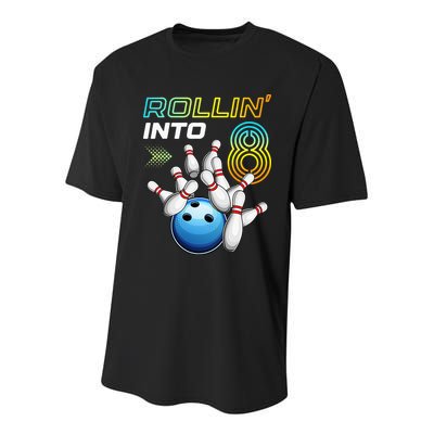 Rollin Into 8 Retro Bowling Birthday Party 8th Birthday Youth Performance Sprint T-Shirt