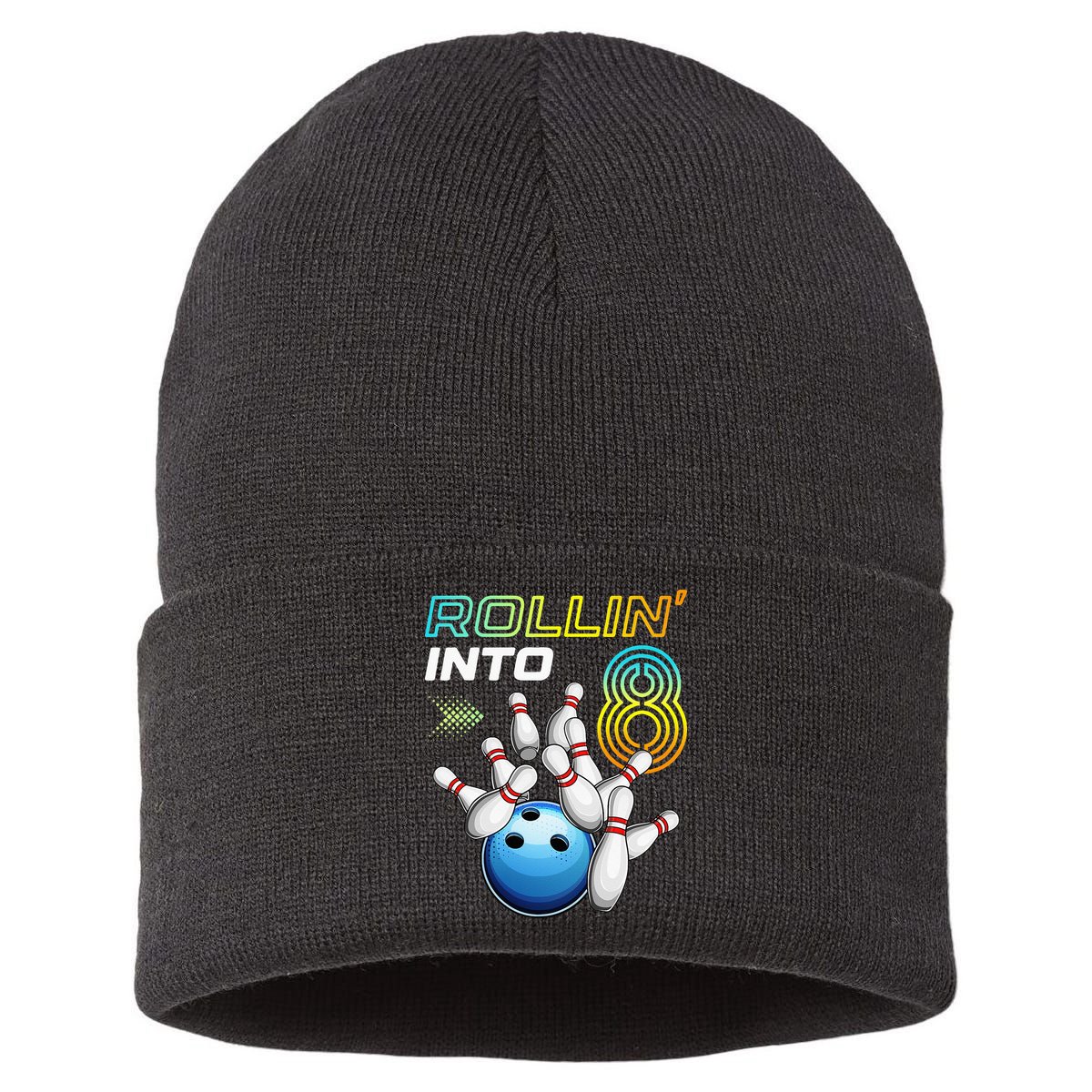 Rollin Into 8 Retro Bowling Birthday Party 8th Birthday Sustainable Knit Beanie