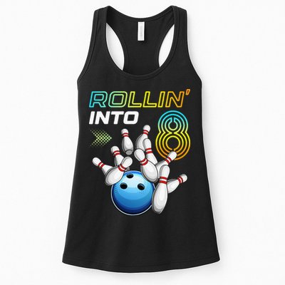 Rollin Into 8 Retro Bowling Birthday Party 8th Birthday Womens Tank Top