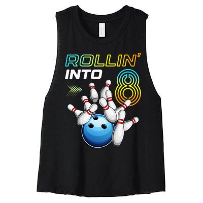 Rollin Into 8 Retro Bowling Birthday Party 8th Birthday Women's Racerback Cropped Tank