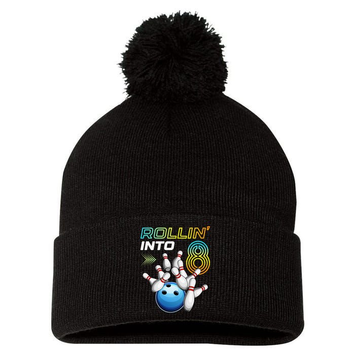 Rollin Into 8 Retro Bowling Birthday Party 8th Birthday Pom Pom 12in Knit Beanie
