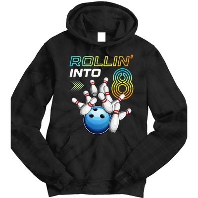 Rollin Into 8 Retro Bowling Birthday Party 8th Birthday Tie Dye Hoodie