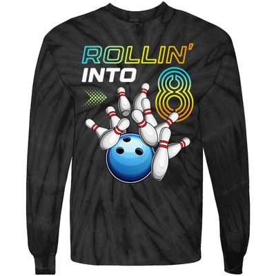 Rollin Into 8 Retro Bowling Birthday Party 8th Birthday Tie-Dye Long Sleeve Shirt