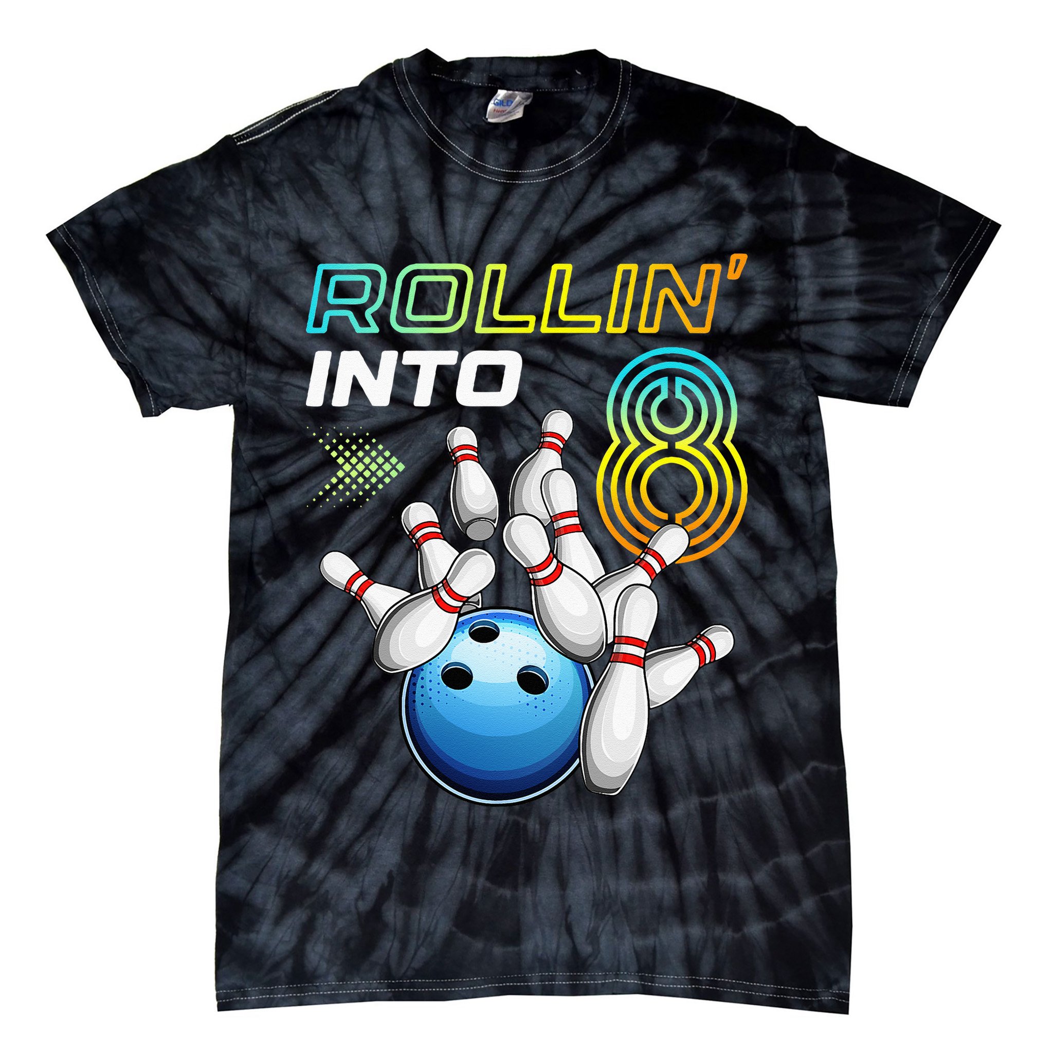 Rollin Into 8 Retro Bowling Birthday Party 8th Birthday Tie-Dye T-Shirt