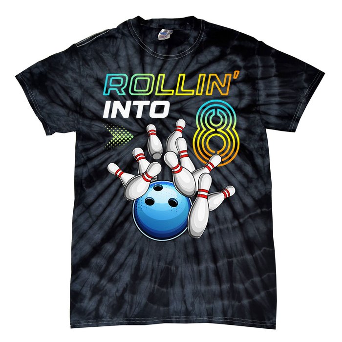 Rollin Into 8 Retro Bowling Birthday Party 8th Birthday Tie-Dye T-Shirt