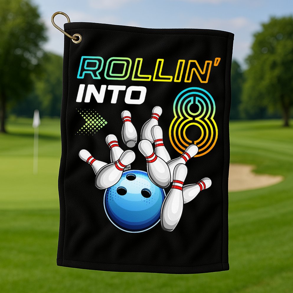 Rollin Into 8 Retro Bowling Birthday Party 8th Birthday Golf Towel