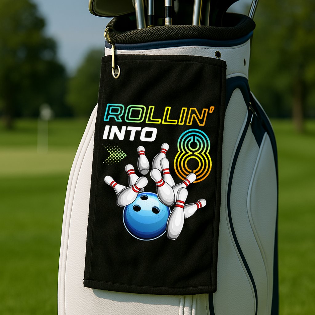 Rollin Into 8 Retro Bowling Birthday Party 8th Birthday Golf Towel