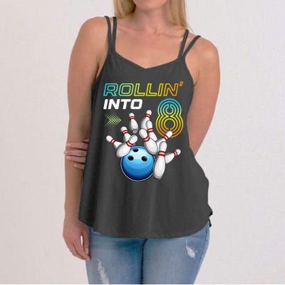 Rollin Into 8 Retro Bowling Birthday Party 8th Birthday Women's Strappy Tank