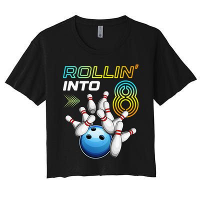 Rollin Into 8 Retro Bowling Birthday Party 8th Birthday Crop Top