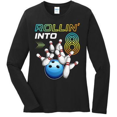 Rollin Into 8 Retro Bowling Birthday Party 8th Birthday Ladies Long Sleeve Shirt