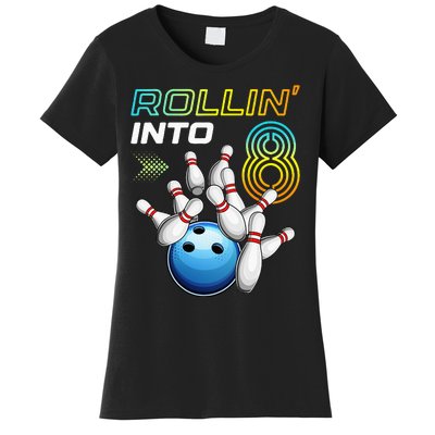 Rollin Into 8 Retro Bowling Birthday Party 8th Birthday Women's T-Shirt