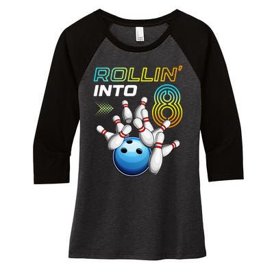 Rollin Into 8 Retro Bowling Birthday Party 8th Birthday Women's Tri-Blend 3/4-Sleeve Raglan Shirt