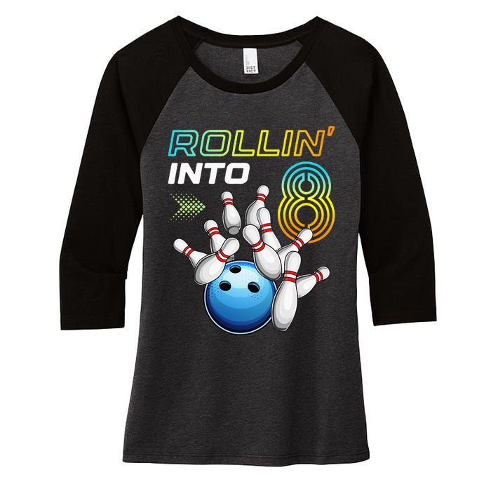 Rollin Into 8 Retro Bowling Birthday Party 8th Birthday Women's Tri-Blend 3/4-Sleeve Raglan Shirt