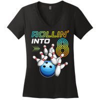 Rollin Into 8 Retro Bowling Birthday Party 8th Birthday Women's V-Neck T-Shirt