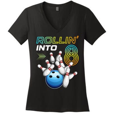 Rollin Into 8 Retro Bowling Birthday Party 8th Birthday Women's V-Neck T-Shirt