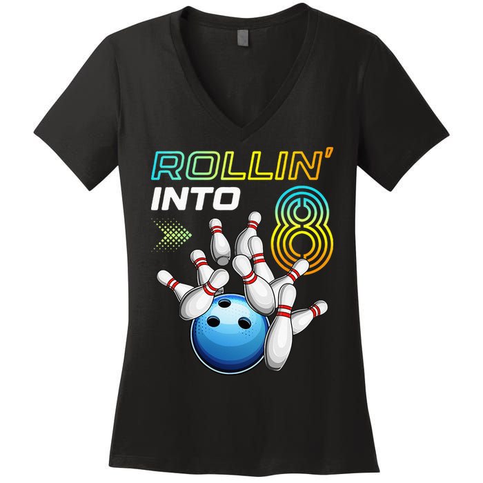 Rollin Into 8 Retro Bowling Birthday Party 8th Birthday Women's V-Neck T-Shirt