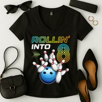 Rollin Into 8 Retro Bowling Birthday Party 8th Birthday Women's V-Neck T-Shirt