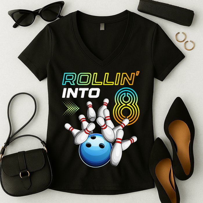 Rollin Into 8 Retro Bowling Birthday Party 8th Birthday Women's V-Neck T-Shirt