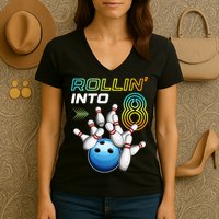 Rollin Into 8 Retro Bowling Birthday Party 8th Birthday Women's V-Neck T-Shirt