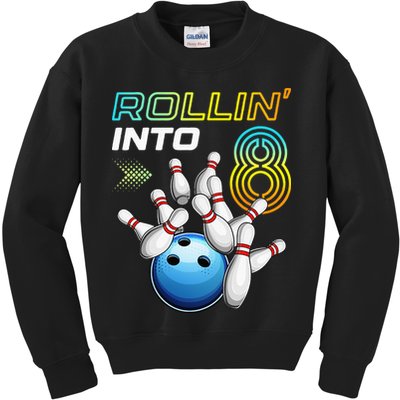 Rollin Into 8 Retro Bowling Birthday Party 8th Birthday Kids Sweatshirt
