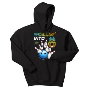 Rollin Into 8 Retro Bowling Birthday Party 8th Birthday Kids Hoodie