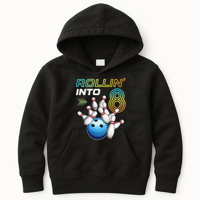 Rollin Into 8 Retro Bowling Birthday Party 8th Birthday Kids Hoodie
