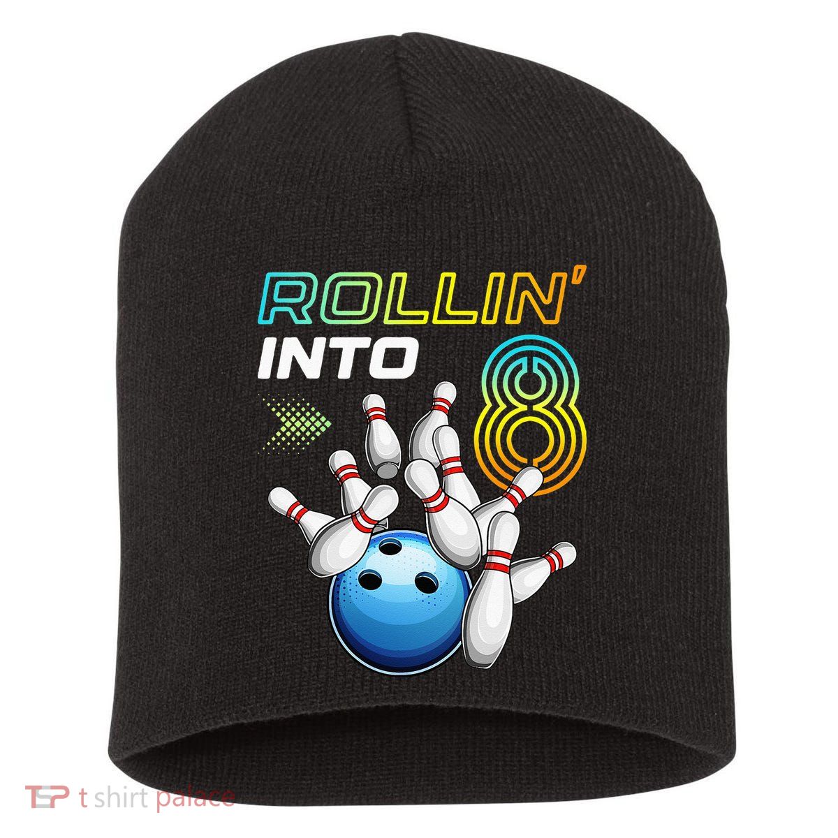 Rollin Into 8 Retro Bowling Birthday Party 8th Birthday Short Acrylic Beanie