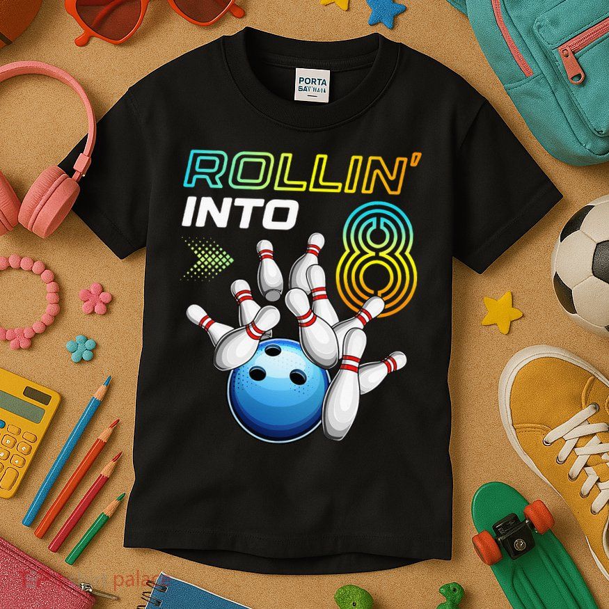 Rollin Into 8 Retro Bowling Birthday Party 8th Birthday Kids T-Shirt