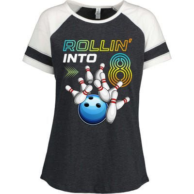 Rollin Into 8 Retro Bowling Birthday Party 8th Birthday Enza Ladies Jersey Colorblock Tee