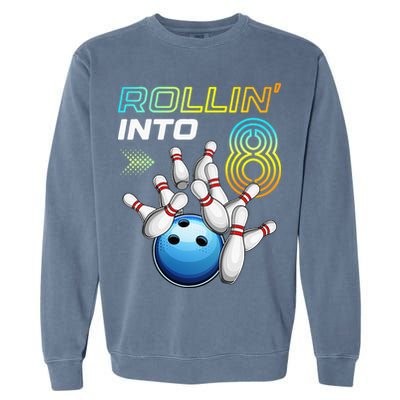 Rollin Into 8 Retro Bowling Birthday Party 8th Birthday Garment-Dyed Sweatshirt
